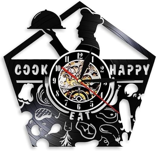 Bon Appetit Happy Cook Wall Art Chef Wall Clock Kitchen Decoration Culinary Vinyl Record Wall Clock Gastronome Housewarming Gift Without LED
