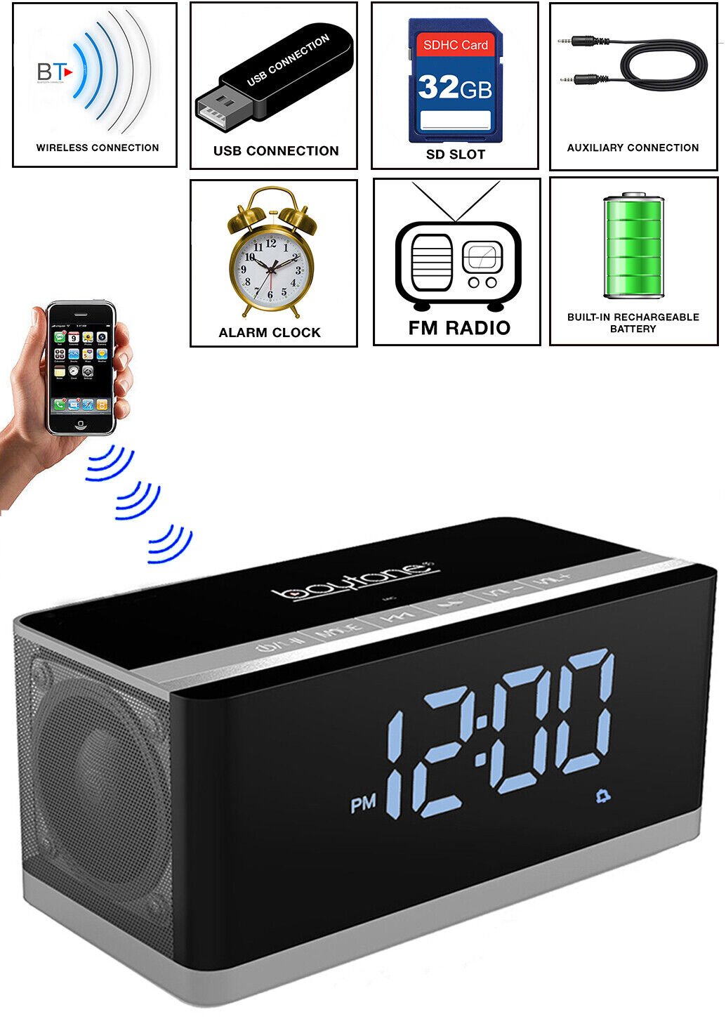 Boytone BT-86C Portable Wireless Bluetooth Speaker FM Radio Alarm Clock