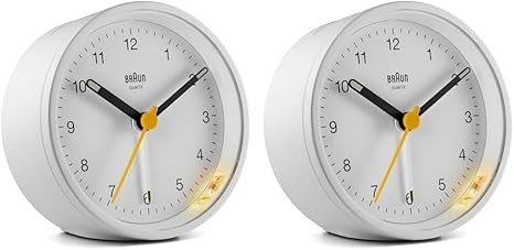 Braun Classic Analogue Alarm Clock with Snooze and Light, Quiet Quartz Movement, Crescendo Beep Alarm in White, Model BC12W. (Pack of 2)