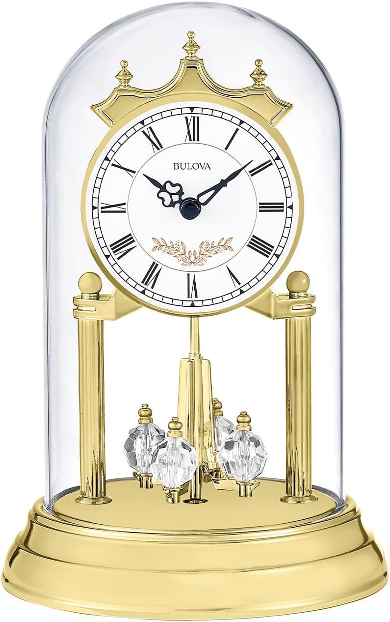 Bulova B8821 Heather Anniversary Clock | 9 Glass Dome Design | Rotating Crystal Pendulum | Westminster Chime | Engraving Plate