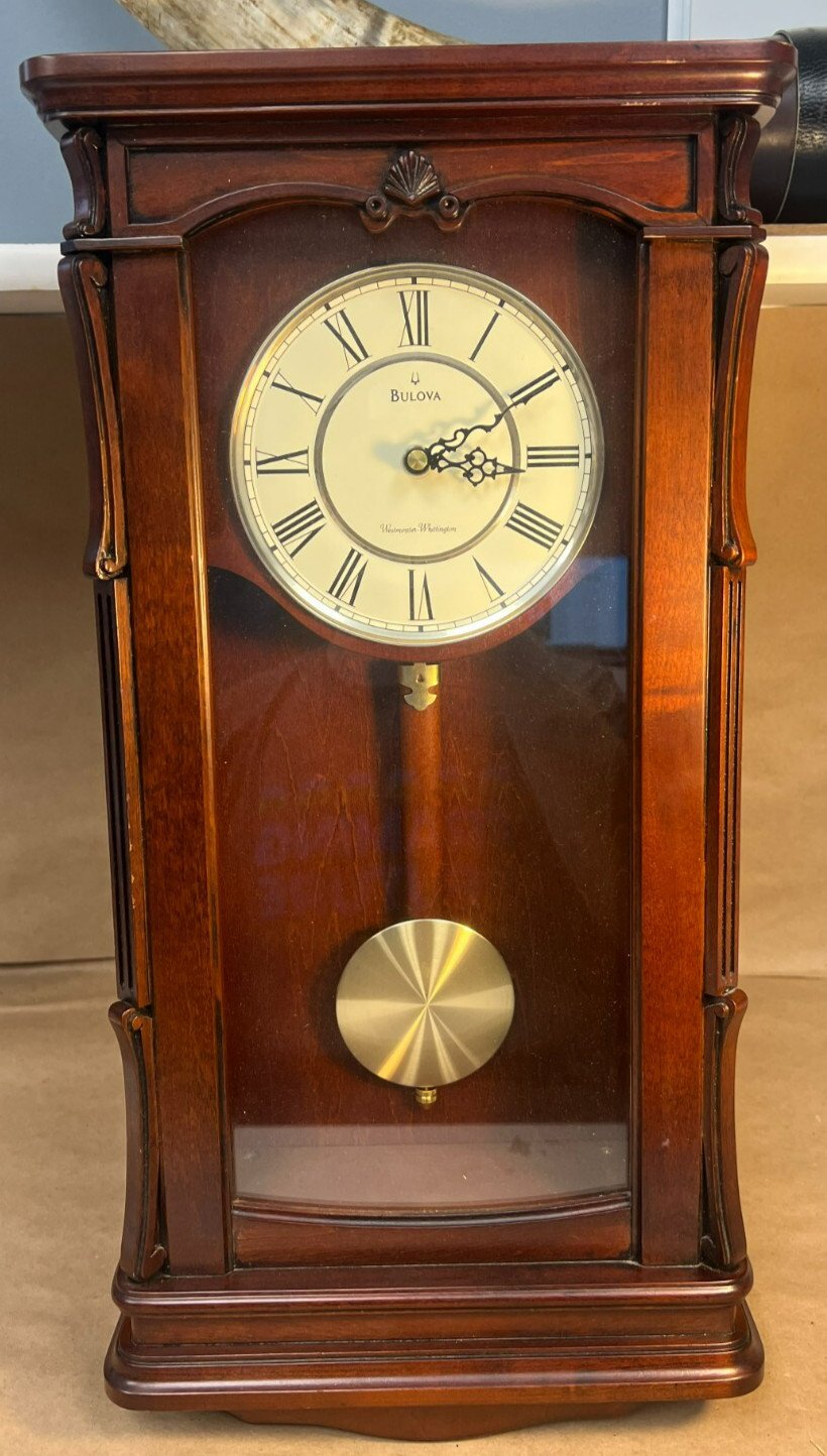 Bulova Dark Oak Wall Clock Westminster Chime Brown Gold Pendulum C4455