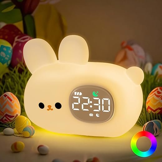 Bunny Alarm Clock with Night Light for Kids with Sleep Training and Sound Machine, Rechargeable Silicone Lamp OK to Wake Clock,Cute Animal Tabletop Lamp, Perfect Sleep Companion for Boys Girls