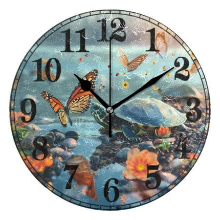 Butterflies Turtle Landscape 10 Silent Wall Clock Non-Ticking Battery Clocks