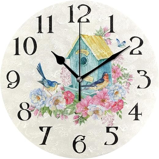 Butterfly Bird Wall Clock with Birds - Battery Operated 9.5 in Round Quartz Analog Clock for Bathroom, Kitchen, Garden