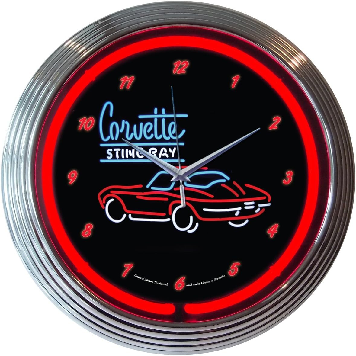 C2 Corvette 15 inch Red Neon Clock with Chrome Bezel
