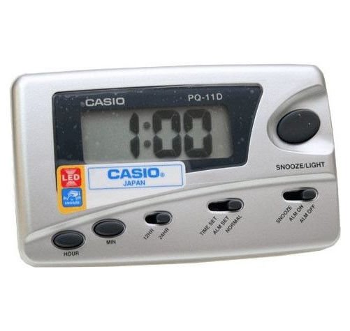 Casio PQ11D-8R Silver LED Light Digital Travel Alarm Clock with Snooze NEW