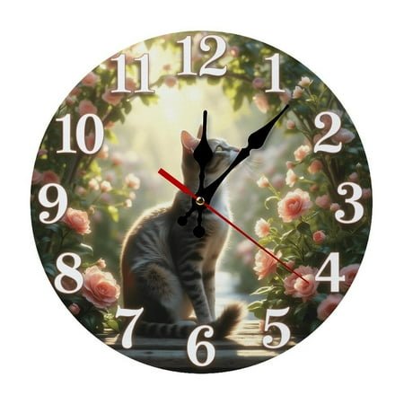 Cat sitting amidst pink flowers, with a serene expression, on a circular frame. 9.8 - inch decorative silent wall clock