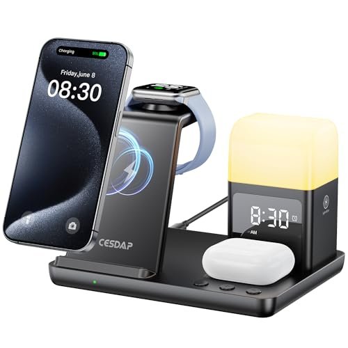 CESDAP 6 in 1 Wireless Charging Station for Apple Charging Station for Multiple Devices with Alarm Clock and Night Light nightstand for iPhone 16 15 14 13 for Apple Watch