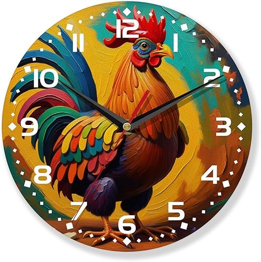 Chicken Wall Clocks,Rooster Oil Painting Wall Clock Decorative,Chicken Kitchen Wall Clock Battery Operated - 10 Inch Round Bathroom Wall Clocks Silent Non-Ticking