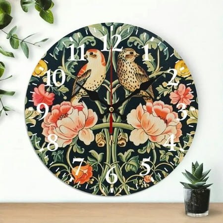 Chilfamy 10 Inch Wall Clock Birds Flowers Red Dot Print Silent Mechanical Movement Wall Art Decor for Living Room Dorm Bedroom Kitchen Home Office - Decorative Round Analog Clock 10x10in