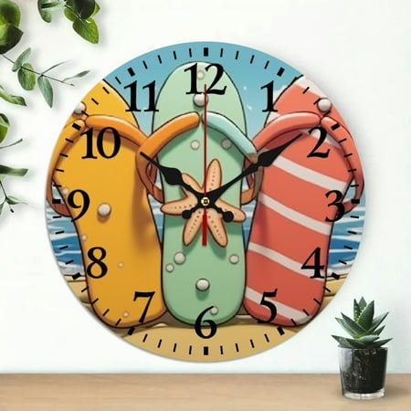 Chilfamy Cartoon Character Starfish Flip Flops Theme Wooden Wall Clock, 10-Inch Decorative Wall Clock for Living Rooms, Kitchens, Dorms, Silent Non-Ticking Clock 10x10in