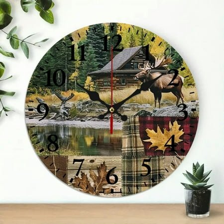 Chilfamy Deer Cabin Moose Wall Clock Silent Mechanical Movement 10 Inch 10x10in