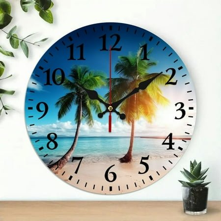 Chilfamy Palm Trees Beach Sun Theme Wooden Wall Clock 10 Inch for Living Room Decor Kitchen Dorm Gift 10x10in