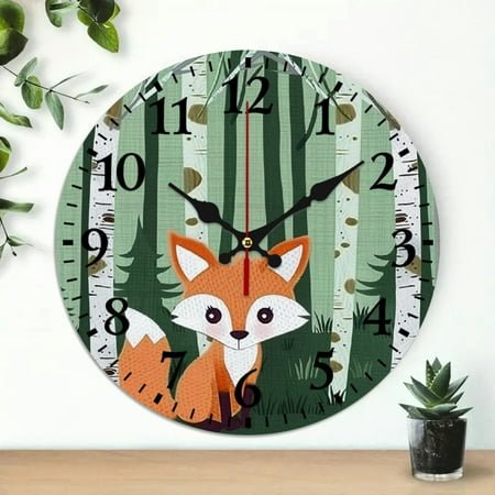 Chilfamy Wall Clock Fox Woodland Trees Print Silent Mechanical Movement Decor for Living Rooms Kitchens Dorms Everyday Gifts 10x10in
