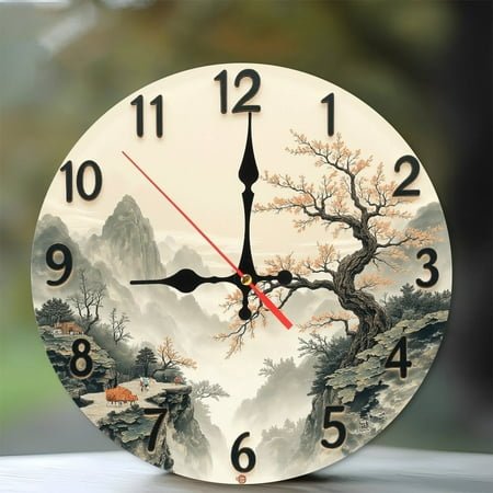 Chinese Style Mountain Landscape Wall Clock 10-Inch Silent Wooden Wall Clock, Battery Operated (AA Batteries Not Included), Artistic Home Decor