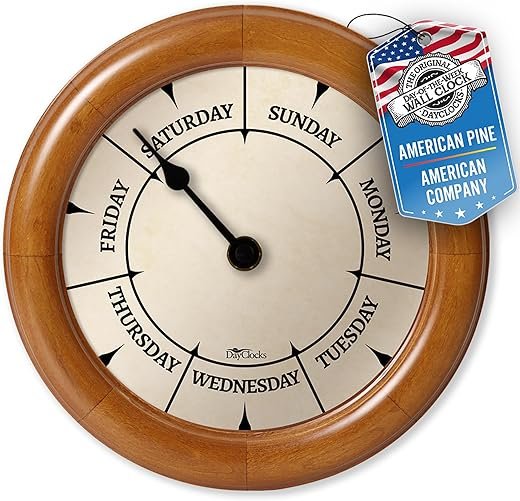 Classic Day of The Week Wall Clock with Solid Wood Frame – Calendar Day Clock – Great Pine, 10"