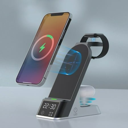Clearance & Promo, Wireless Charging Station with Digital Alarm Clock,15W Charger Stand for iOS & Android,Multi-Device Charging Dock with Clock for Desk , Wireless Charger, Clearance & Promo