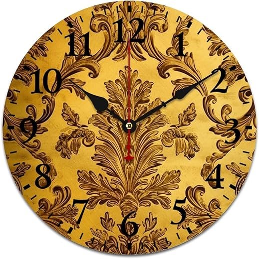 Clock Gold Rustic Vintage Antique Damask Elegant Chic Wooden Hanging Clock Battery Operated Quartz Quiet Vintage Damask Floral Shining Wooden Wall Clock 10 Inch Bathroom Kitchen Living Room Bedroom