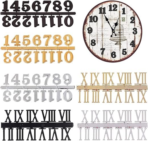 Clock Numerals Kit DIY Digital Clock Numbers Arabic Number and Roman Number for Clock Hands Replacement Parts Clock Accessories in Black Silver Gold (6 Pieces)