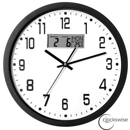 Clockswise 14-inch Wall Clock, Non-Ticking Analog & Digital with Temperature Display Battery Powered, Silent Operation, Switchable Time and Date - Perfect for Classroom Office Bedroom and Study, Black