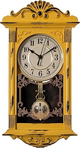 Clockswise Vintage Grandfather-Style Wall Clock with Wood-Effect Plastic Pendulum, Battery-Operated - for Home Decor, Living Room, Home Office, Kitchen or Dining Room ? Yellow with Distressed Finish