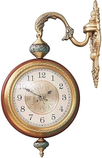 Clock Two Faces Retro Station Clock Round Chandelier Wall Hanging Clock with Scroll Wall Side Mount Home Décor Wall Clock