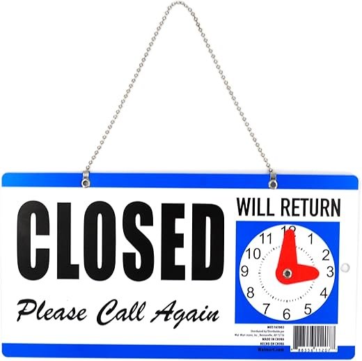 Closed Sign for Business - Double-Sided with Clock, 'Will Return' Indicator, Adjustable Return Time - Durable Hanging Door Sign for Shops, Offices, Restaurants, and Small Businesses