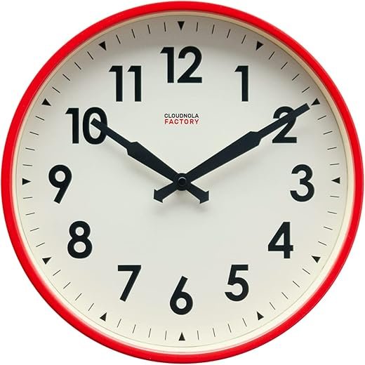 Cloudnola Station Metal Wall Clock, Red and White, 12 inch Diameter, Silent Non Ticking, Battery Operated Quartz Movement