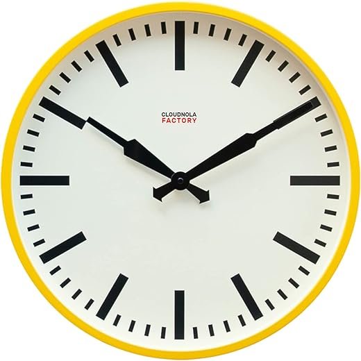 Cloudnola Station Metal Wall Clock, Yellow and Black, 18 inch Diameter, Silent Non Ticking, Battery Operated Quartz Movement