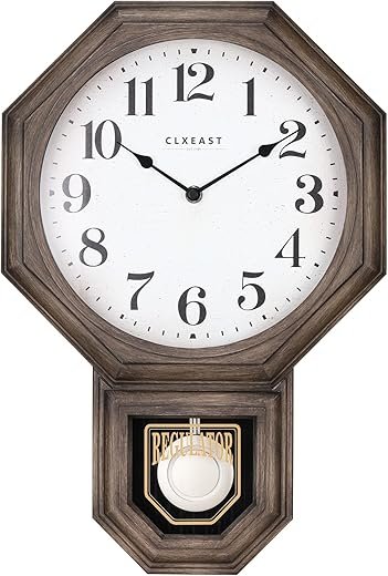 CLXEAST Pendulum Wall Clock, Large Schoolhouse Regulator Pendulum Wall Clocks for Living Room Decor,Dark Grey Oak Finished Plastic,House Warming Gifts New Home,12 W x 17.5 H
