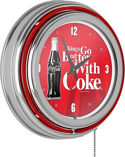 Coca-Cola Neon Clock - Retro Things Go Better with Coke Bottle Art Analog Wall Clock with Pull Chain - for Kitchen, Garage, Game Room, or Home Bar by Trademark Gameroom