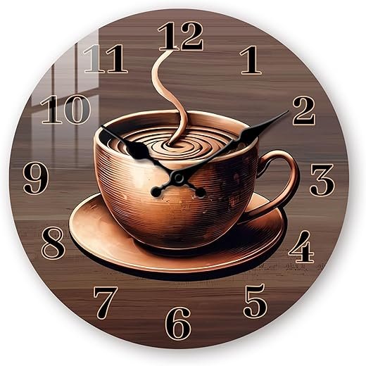 Coffee Cup Wall-Clocks for Kitchen - Wooden Wall Clocks Battery Operated 12 Inch - Vintage Rustic Wall Clocks Silent Non Ticking for Bedroom Office Home Decor