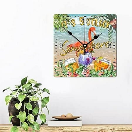 Colorful Bird FlamingoTropical Tree Wall Clock Hawaii Beach Square Clocks It's Five O'clock Somewhere Large Wall Clocks Battery Operated 12 Inch Tuscan Cabin Living Room Home Decor