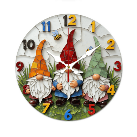 Colorful Ceramic Gnome Wall Clock with Bees Decoration 10-Inch Wooden Wall Clock, Silent Movement, Battery Operated (AA Batteries Not Included), Artistic Home Decor, Perfect for Home Accents