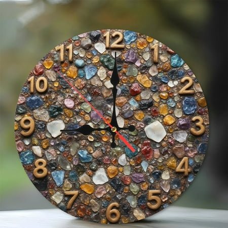 Colorful Pebble Mosaic Wall Clock Handmade Unique Home Decor 10-Inch Silent Wooden Wall Clock, Battery Operated (AA Batteries Not Included), Artistic Home Decor