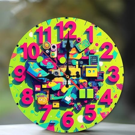 Colorful Pop Art Style Clock Wall Decor 10-Inch Silent Wooden Wall Clock, Battery Operated (AA Batteries Not Included), Artistic Home Decor