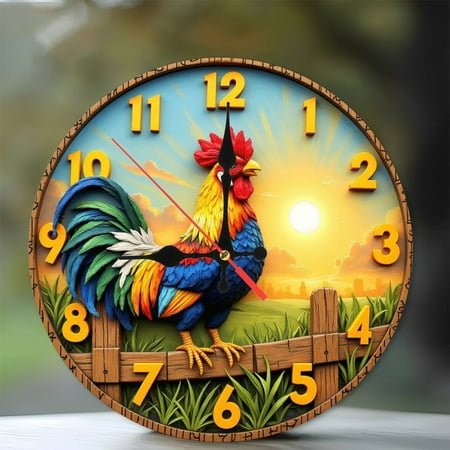 Colorful Rooster Wall Clock Farmhouse Decor Sunrise 10-Inch Silent Wooden Wall Clock, Battery Operated (AA Batteries Not Included), Artistic Home Decor