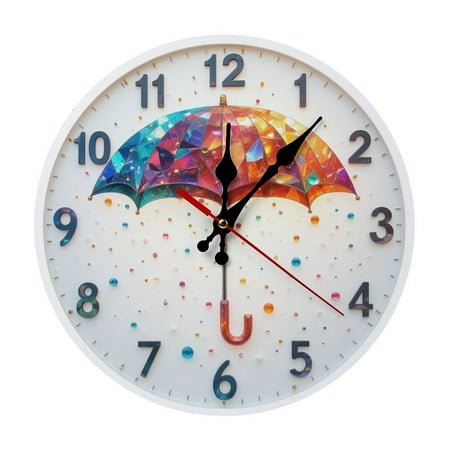 Colorful umbrella on a white background with polka dots, adding a whimsical touch. 9.8 - inch decorative silent wall clock
