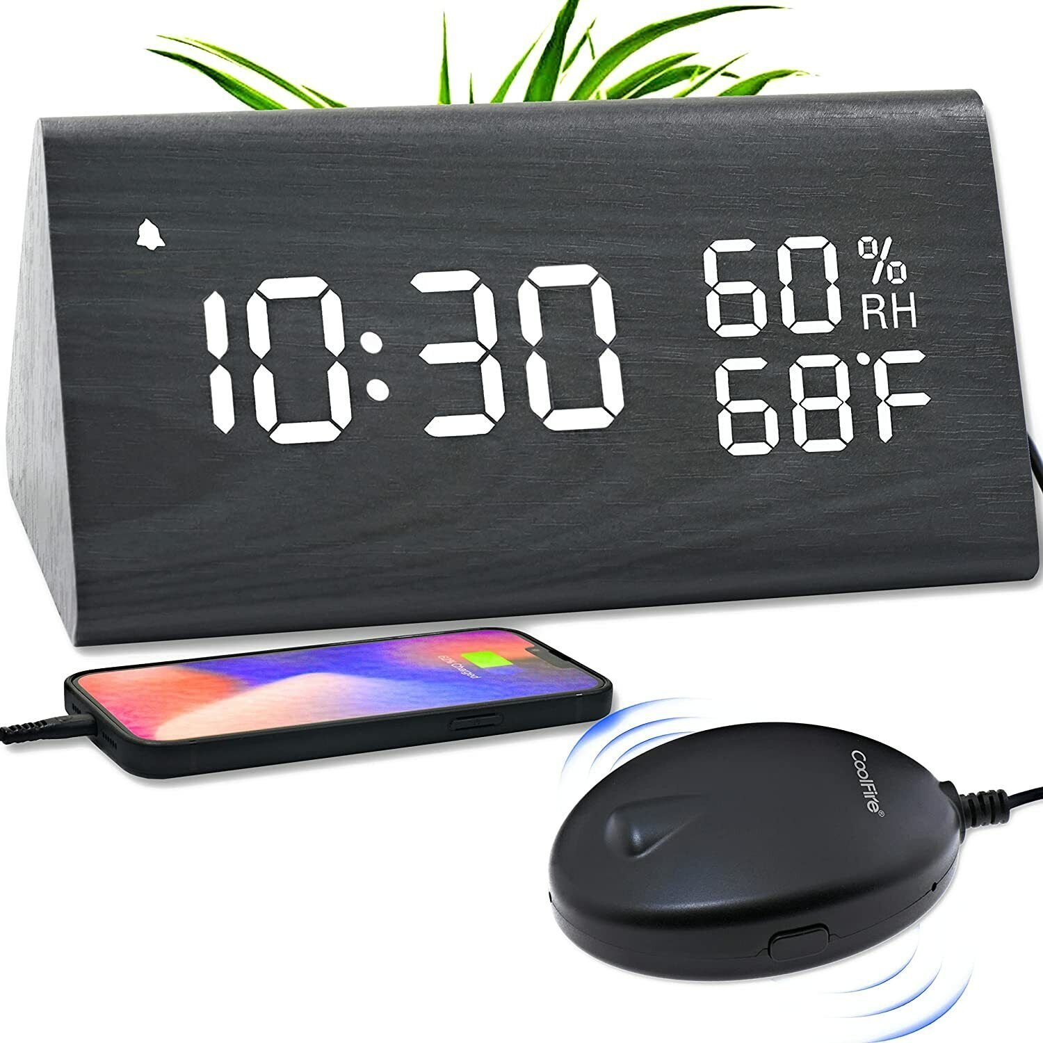 CoolFire Wooden Digital Alarm Clock w/ Vibrator Bed Shaker for Heavy Sleeper