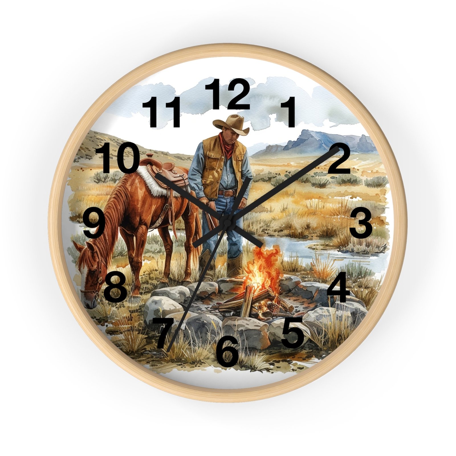 Cowoby Fire Break Western Decor Art Wall Clock All Wood Frame Old West Moutains