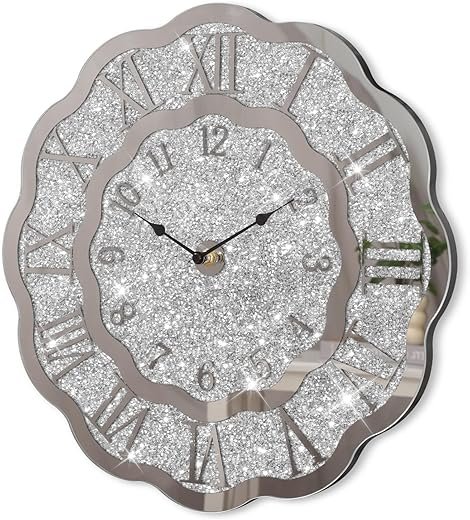 Crushed Diamond Mirrored Wall Clock Silver Modern Crystal Clocks for Bedroom Unique Home Decorative Glass Mirror Hanging Clock for Living Room Office Dining Decor