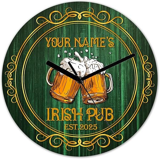 Custom Beer Bar Wall Clock Modern Irish Pub Round Wall Clock Silent Non Ticking Personalized Wooden Clock for Office Kitchen Home Decor 11.6 Inch