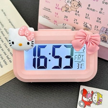 Cute Hello Kitty Alarm Clock Anime Sanrio Noctilucent Alarms Clocks Cartoon Kawaii Dormitory Clocks Desktop Decoration