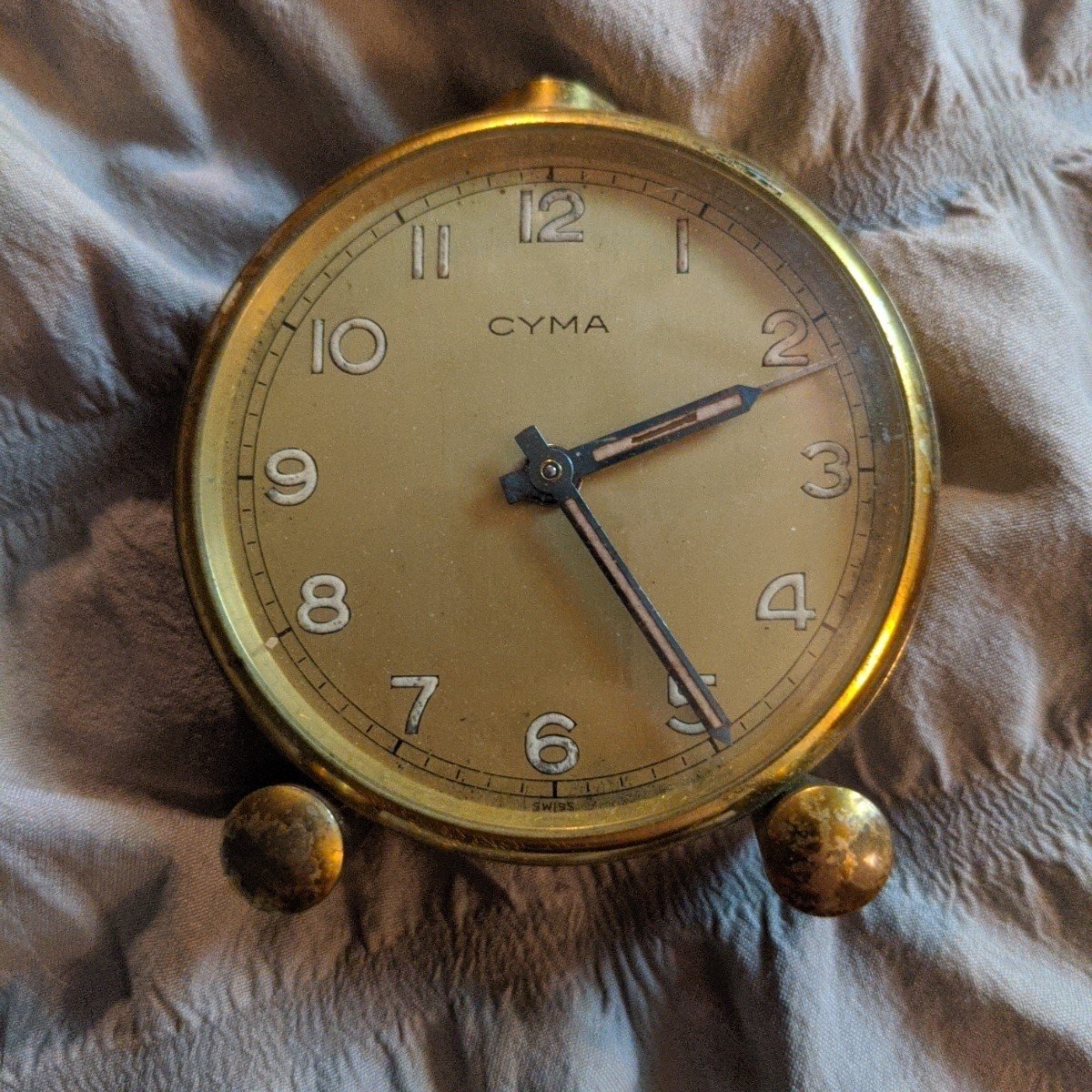 Cyma Watch Co Swiss Travel Alarm Clock, Retro Gold Cream Brass Enamel, Working