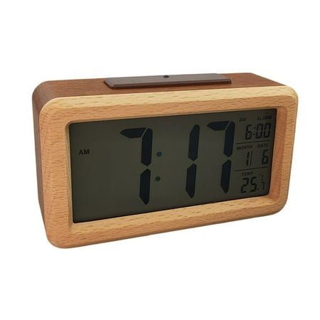 DAMIFU 13.8*7.7CM Wooden Alarm Clock with Light-Sensitive Date and Temperature B