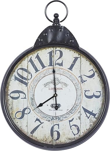 Deco 79 Metal Decorative Wall Clock Distressed Pocket Watch Inspired Wall Clock for Home with Beige Clockface, Wall Clock for Room 20" x 4" x 28", Black
