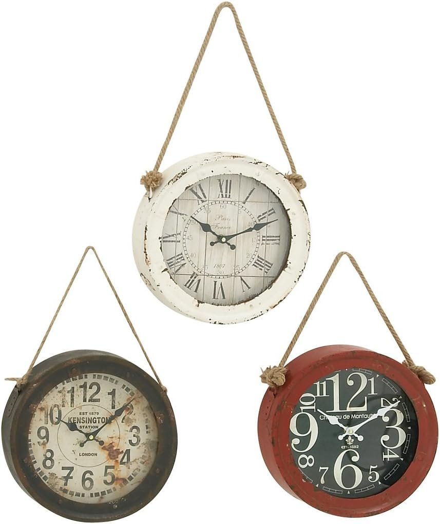 Deco 79 Metal Decorative Wall Clock Set of 3, 11" x 2" x 20", White with Rope accents