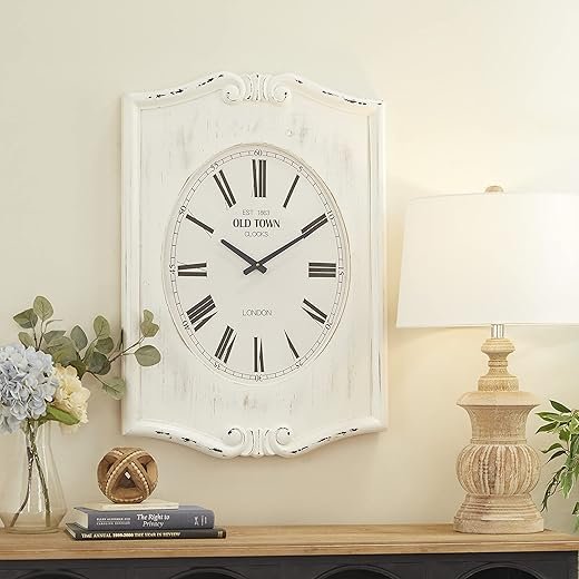 Deco 79 Wood Floral Decorative Clock - Carved Distressed Wall Clock for Home, 22 x 4 x 31, White