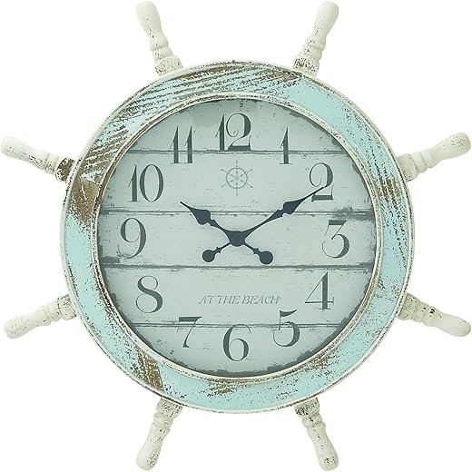Deco 79 Wood Sail Boat Decorative Wall Clock with Ship Wheel for Home and Room, 28 x 2 x 28, Blue