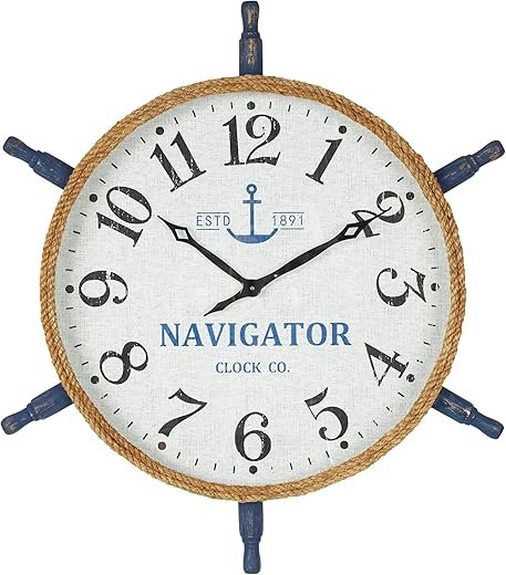 Deco 79 Wood Ship Wheel Decorative Wall Clock Wall Clock for Home with Brown Rope Frame and Blue Spokes, Wall Clock for Room 33 x 3 x 33, White